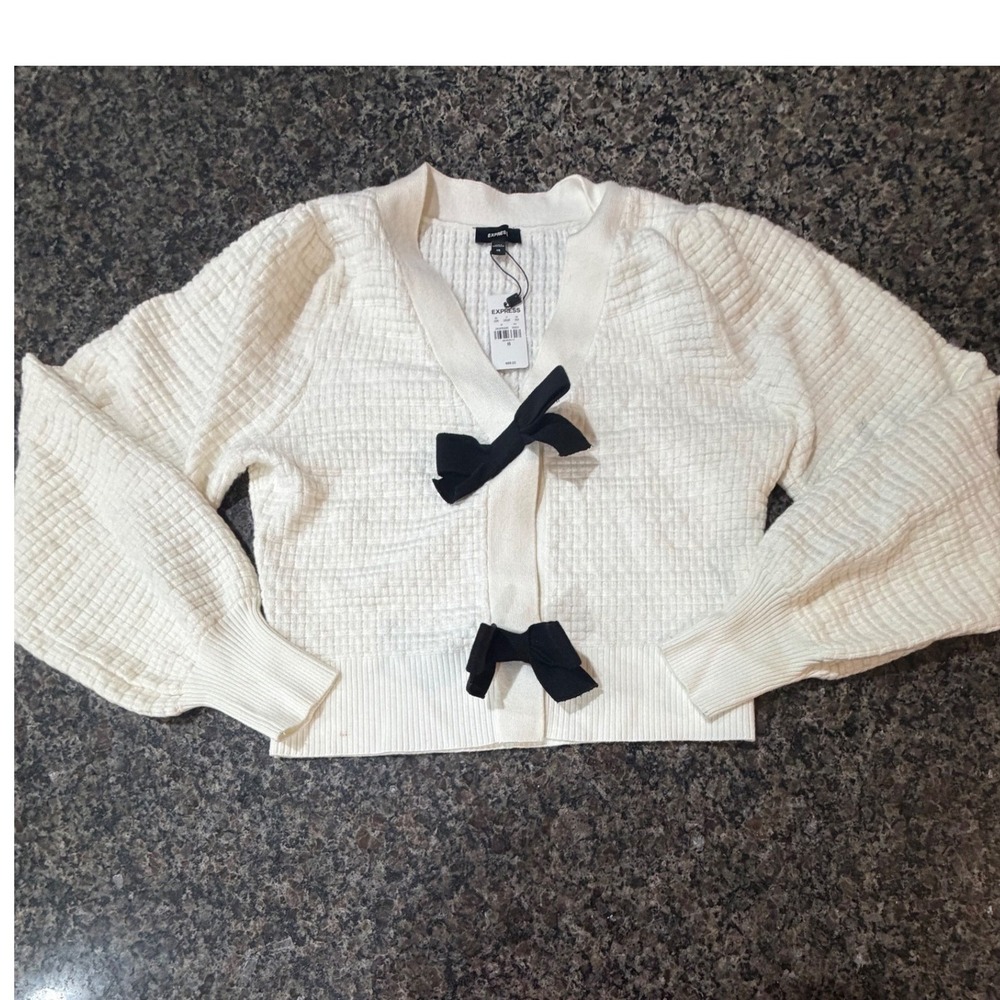Express Ivory Textured Grid Cropped Cardigan Black Bow Snap Front Sweater XS NEW